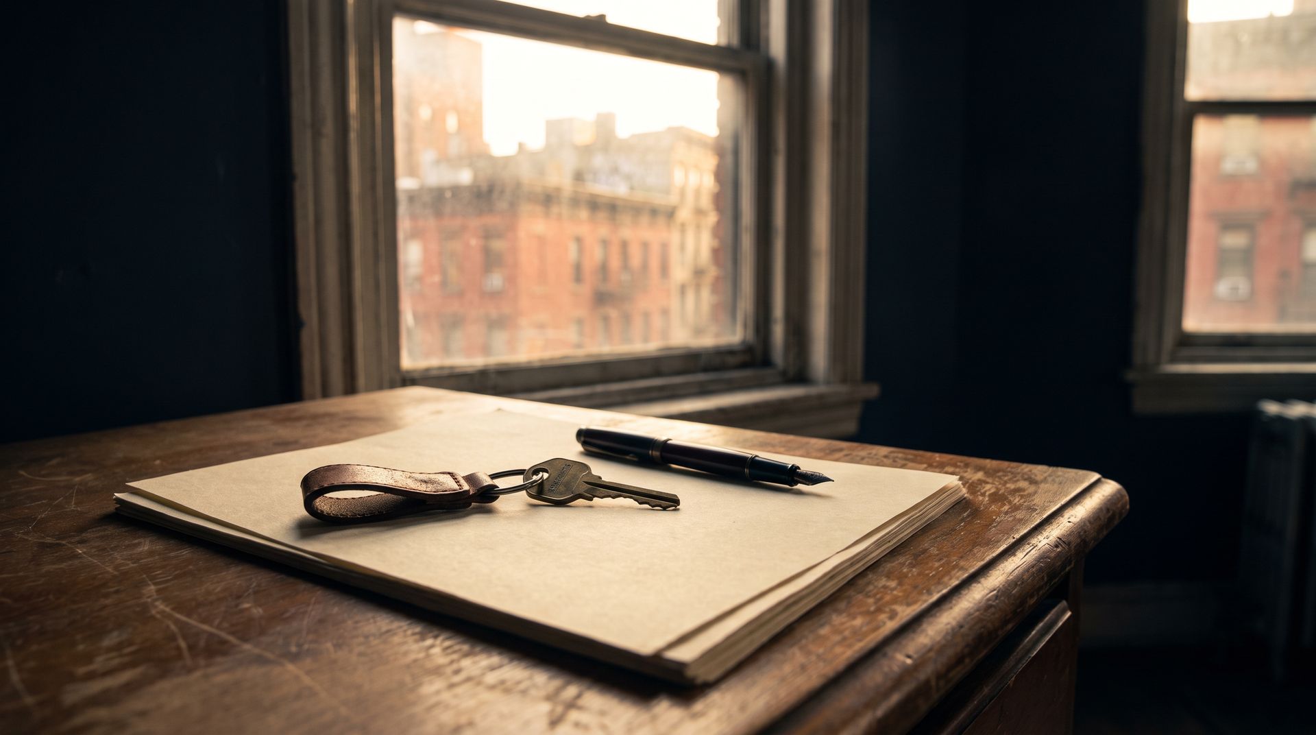 Des clés de maison sur un porte-clés en cuir posées sur une feuille blanche, à côté d’un stylo-plume, sur un bureau près d’une fenêtre